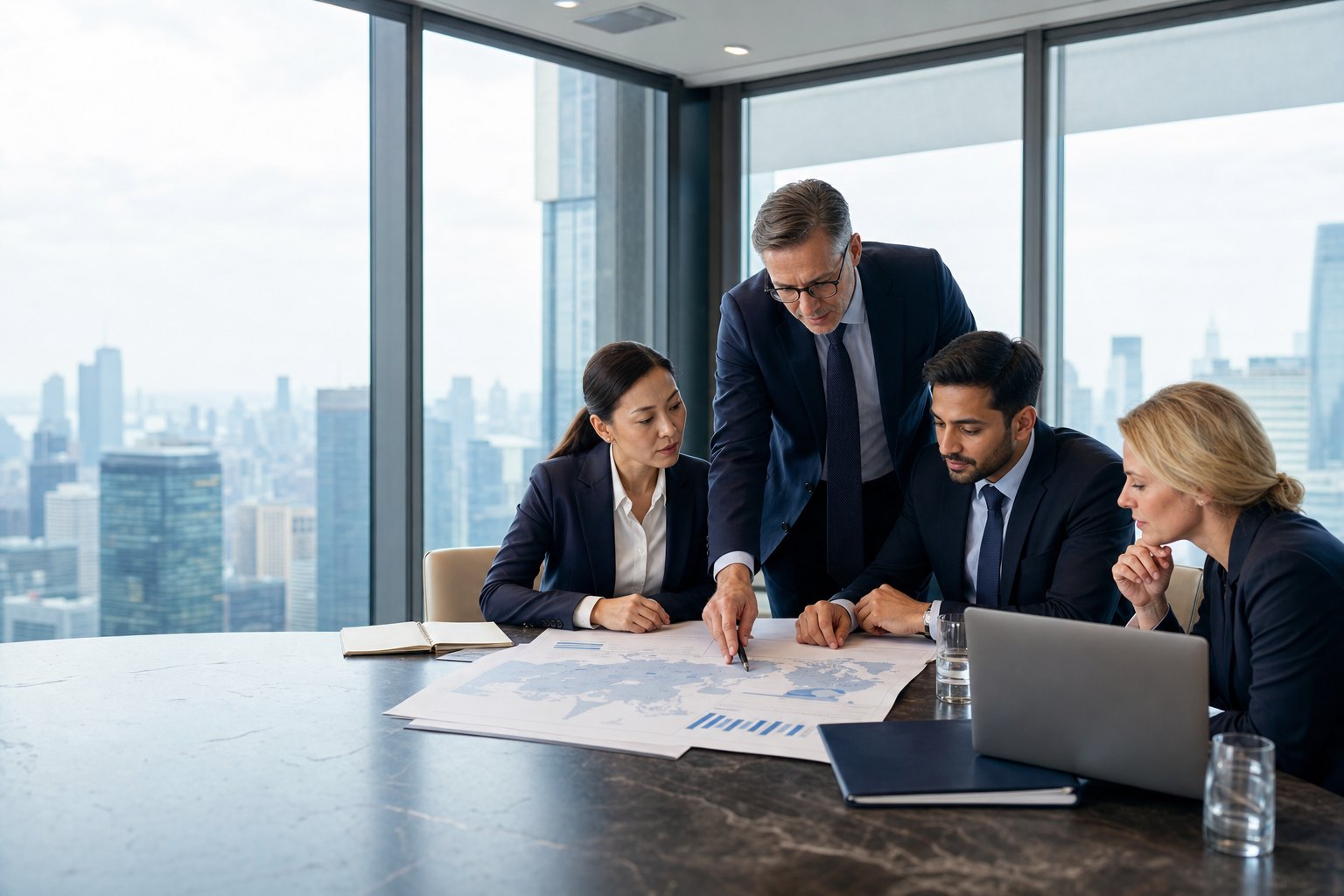 International advisers coordinating a market-entry and operating strategy