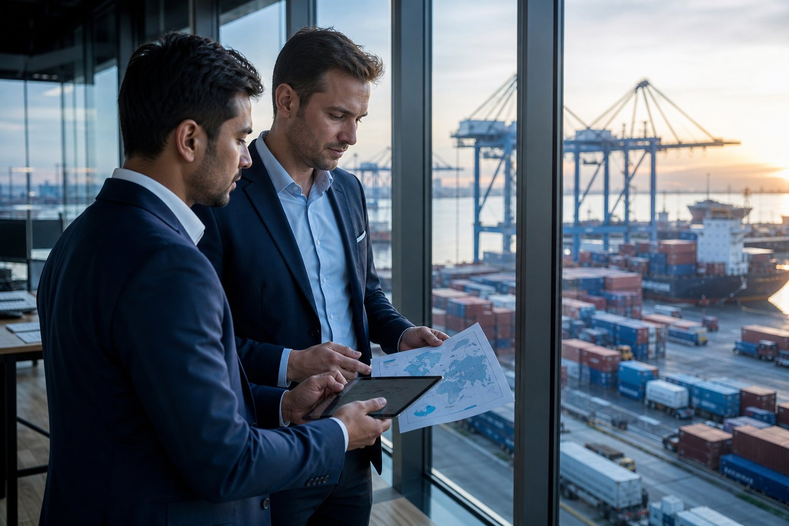 Trading company founder and adviser reviewing a port expansion programme