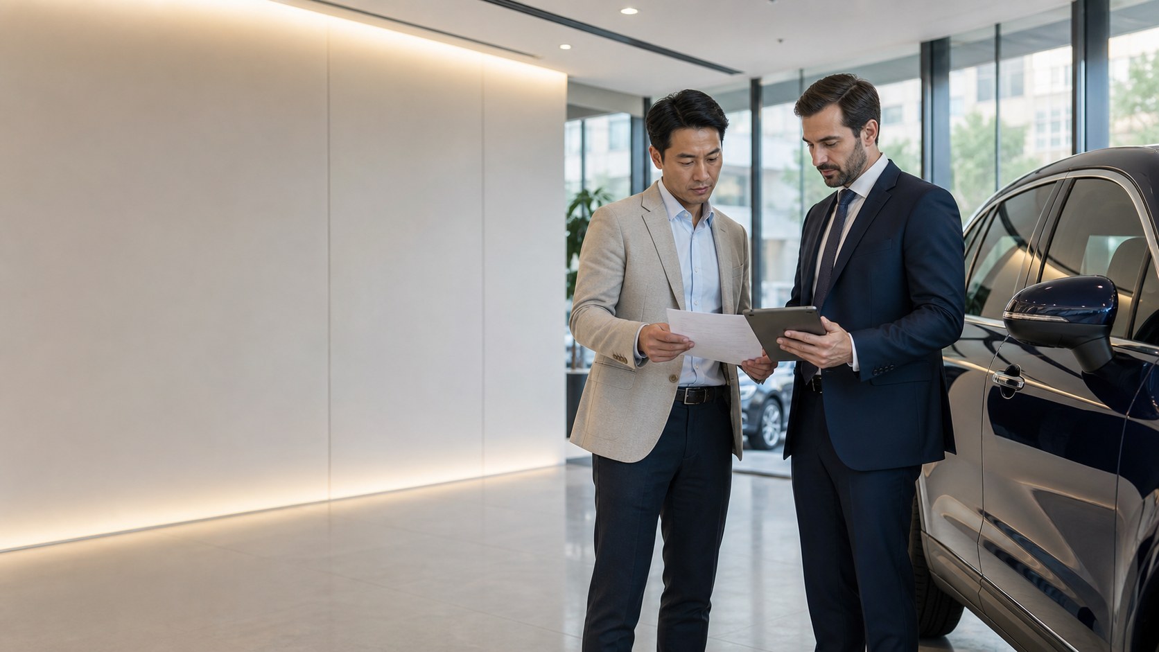 Professional reviewing vehicle and driving documents with an adviser