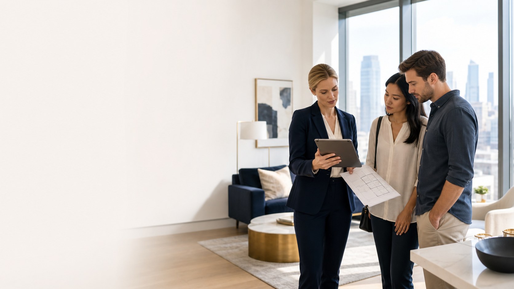 Couple reviewing an apartment with a property adviser