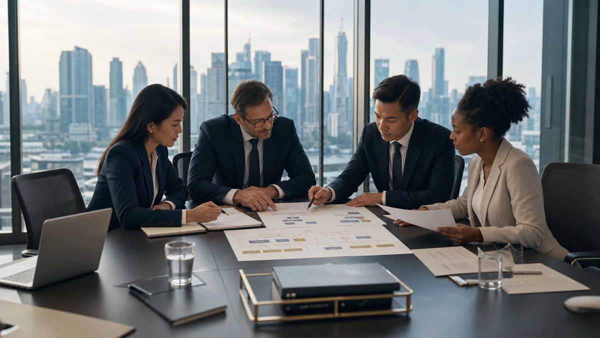 Business advisers discussing international company formation
