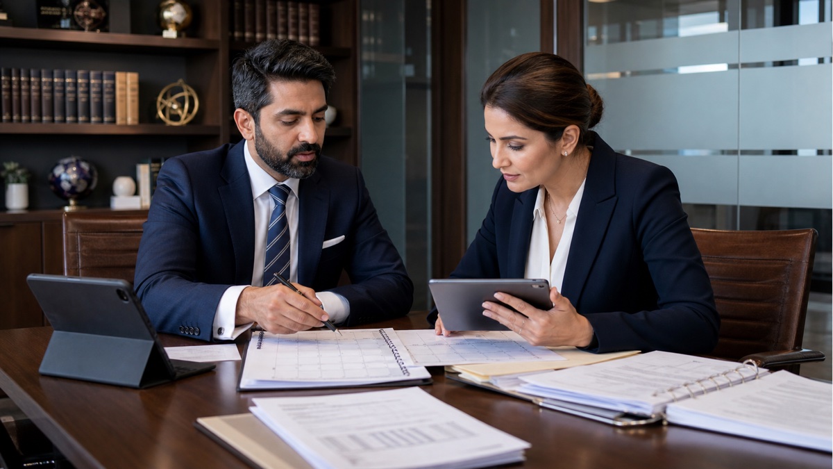 Corporate professionals reviewing a compliance calendar